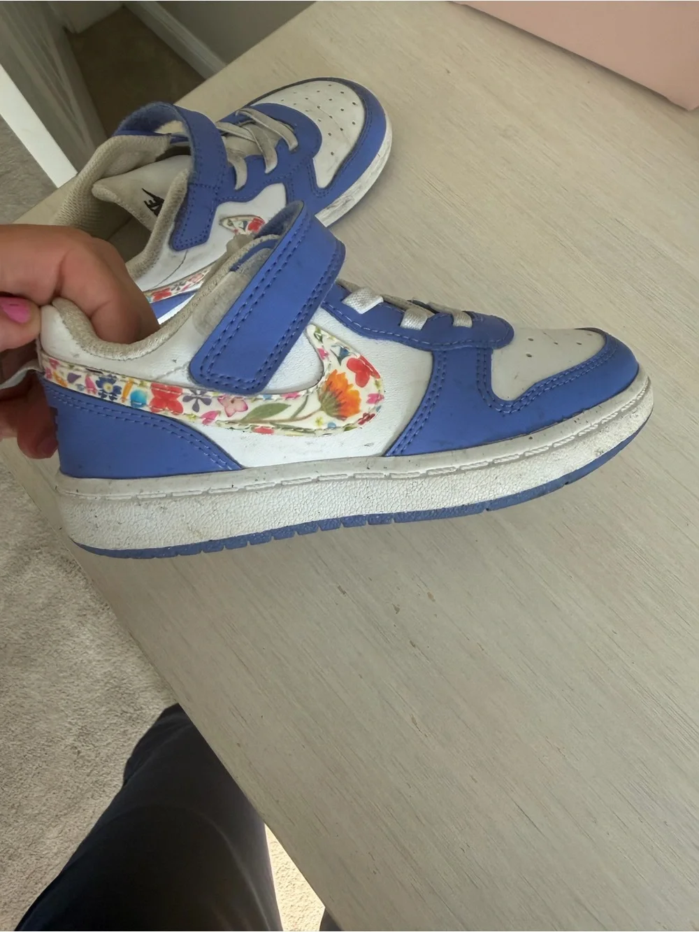 Nike Kids Blue and White Sneakers with Floral Swoosh Accent